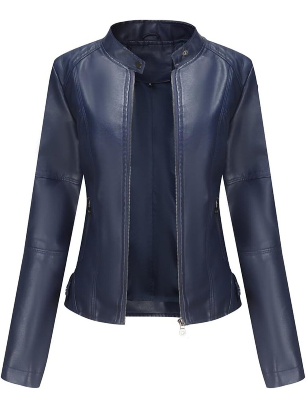 Women's Deep Blue Faux Leather Bomber Zipper closure Belted Motorcycle Jackets